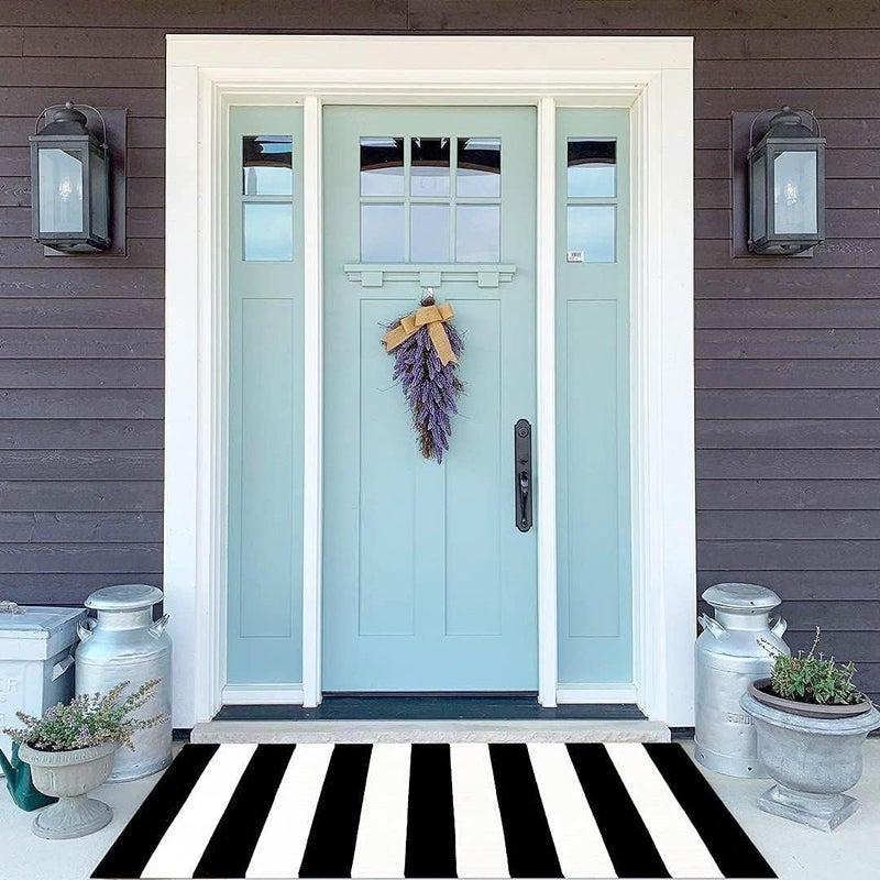 LEEVAN Black and White Striped Door Mat 2'x4' Washable Front Porch Rug Cotton Woven Reversible Rugs Farmhouse Black Outdoor Rug Indoor/Outdoor Welcome Doormat White Entryway Throw Rugs - Image 2